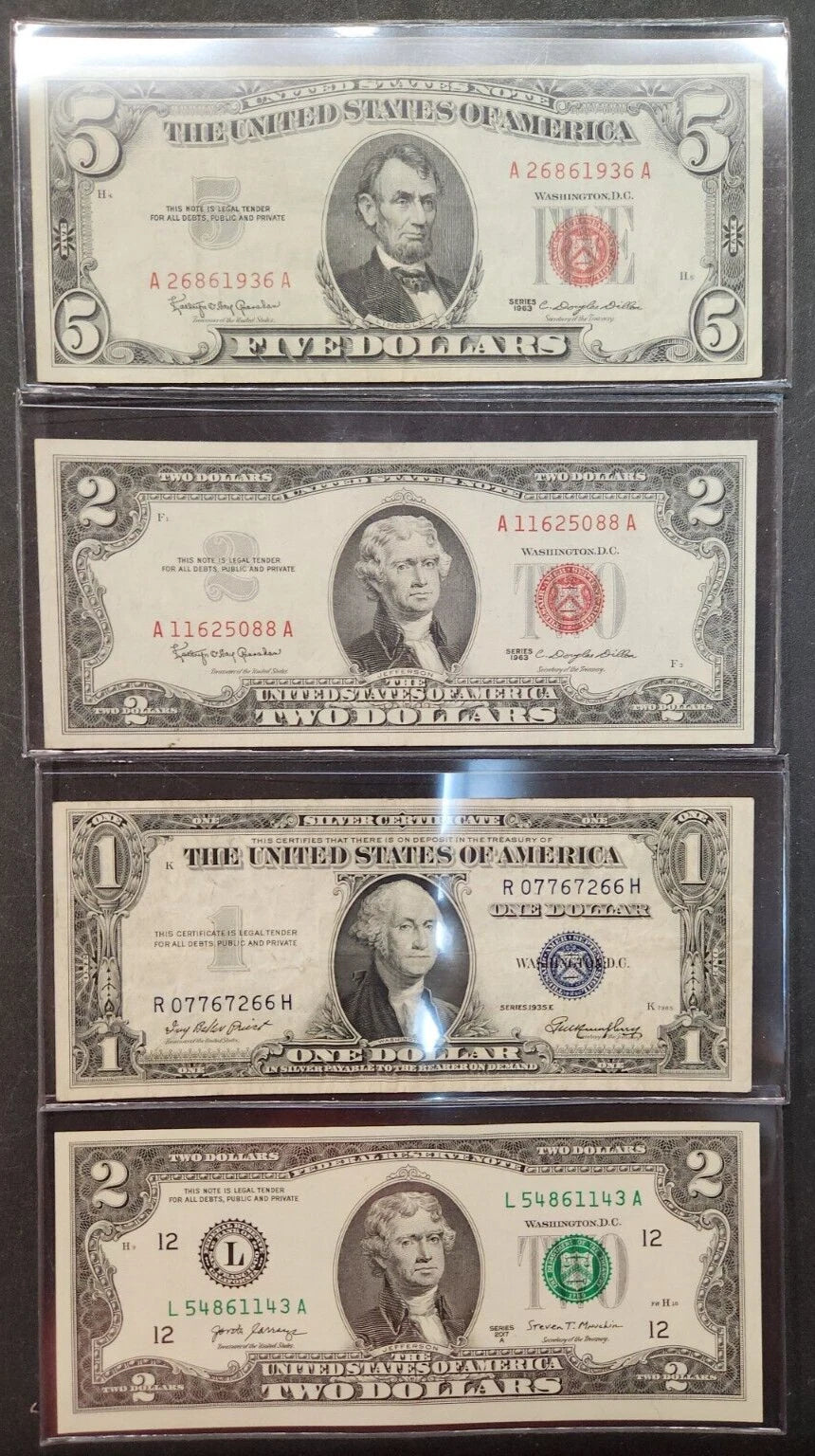 U.S. Bills starter lot $5.00 red seal, $2.00 red seal, silver certificate, uncirculated $2.00