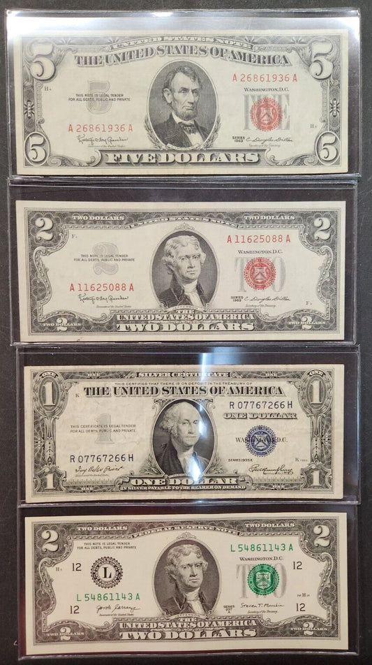 U.S. Bills starter lot $5.00 red seal, $2.00 red seal, silver certificate, uncirculated $2.00